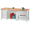Werkbank mit 8 Schubladen, 4 Schubladen rechts und links, sowie 1 Werkzeugschrank mittig, Breite 200 cm Gestell Lichtgrau, Front Lichtgrau