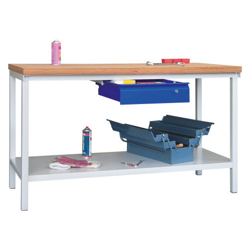 Werkbank mit  1 Schublade mittig , Breite 150 cm, Gestell Resedagrün, Front  Anthrazitgrau