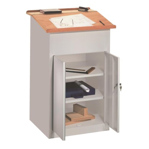 Stehpult  mit integriertem Schrank und 2 Fachböden, Gestell: Lichtgrau, Front: Lichtblau