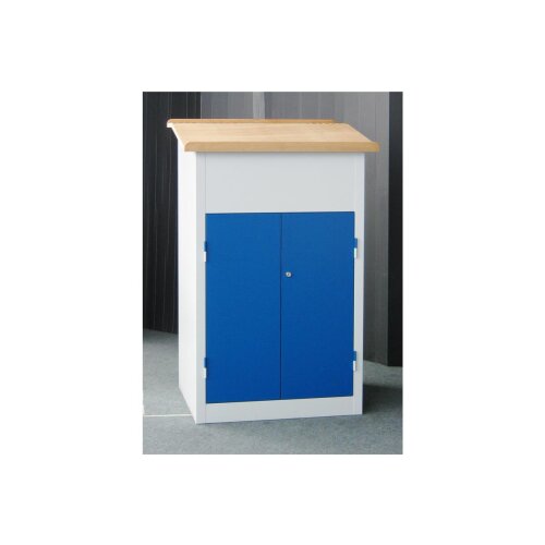 Stehpult  mit integriertem Schrank und 2 Fachböden, Gestell: Lichtgrau, Front: Lichtblau
