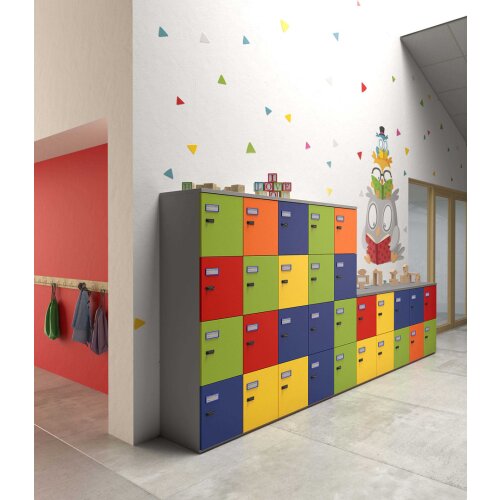 Schliessfachschrank 2 Abteile, 4 Fächer übereinander, Türen mit Briefschlitz, Korpus: Weiss, Front: Blau, mechanisches Zahlenschloss