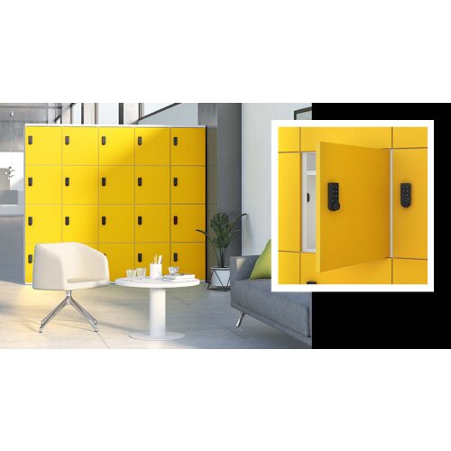 Schliessfachschrank 1 Abteil, 4 Fächer übereinander, Türen ohne Briefschlitz, Korpus: Anthrazit, Front: Eiche Hell, elektronisches Zahlenschloss