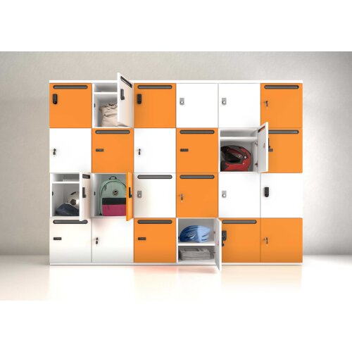 Schliessfachschrank 1 Abteil, 2 Fächer übereinander, Türen mit Briefschlitz, Korpus: Weiss, Front: Blau, mechanisches Zahlenschloss