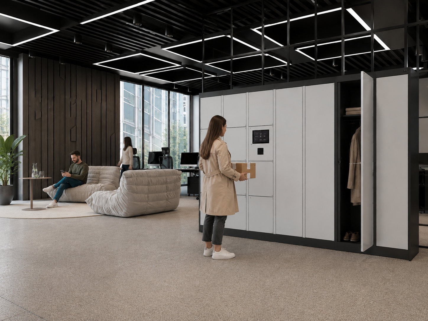 Smart Locker Anlage – modulares System vor dunklem Hintergrund
