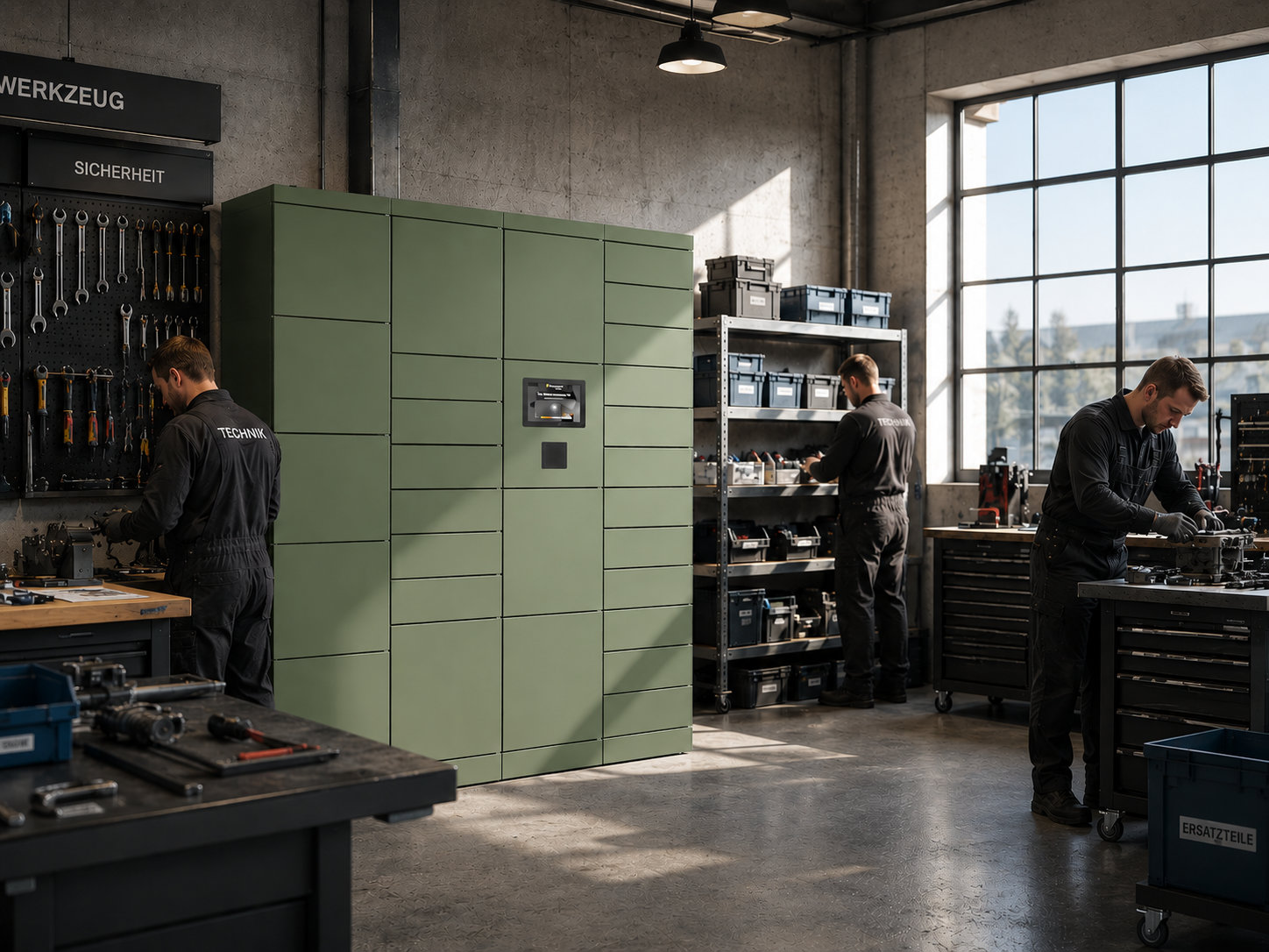 Smart Locker vor dunkler Wand – industrielles Design